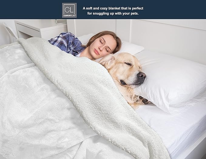 Comfort Lab Reversible Flannel Sherpa Blanket - Elegant Fluffy Bed Blankets for Bedroom and Home Decor - Anti Pilling Non Shedding Cozy & Warm Fleece Cover - Twin/Twin XL (66" x 90") - White