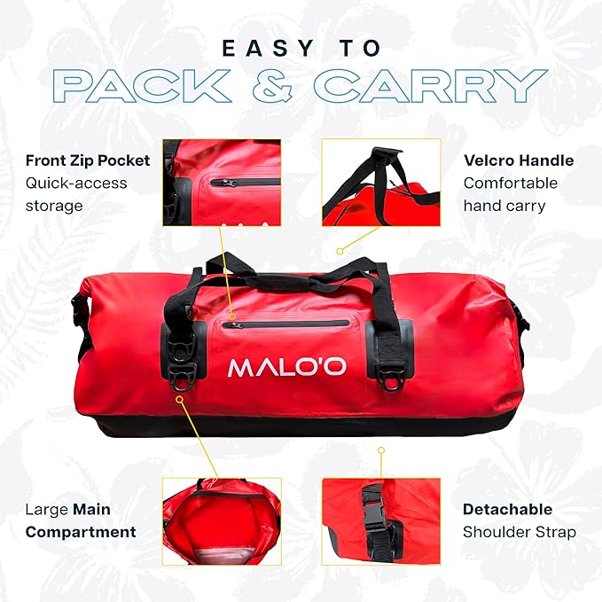 Malo’o Waterproof Dry Duffel, Heavy-Duty Roll Top Waterproof Gear Bag with Shoulder Strap & Molle Loops, Marine Duffel for Kayaking, Boating, Camping, Beach & Travel, Red, 100L