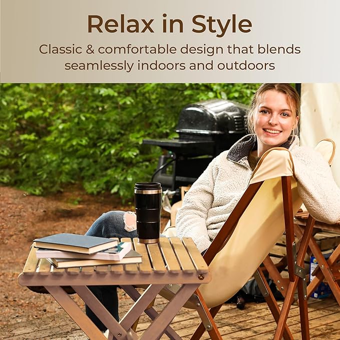 BYER OF MAINE Pangean Folding Wooden Side Table – 22" L x 20" W x 20" H, Folding Ash Wood Table for Patio, Porch, Balcony, Camping & Garden Use