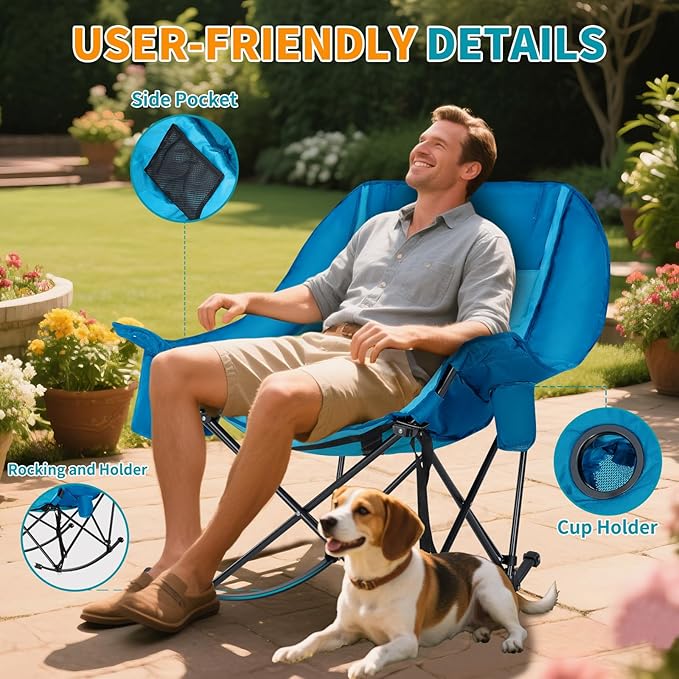 Oversized Rocking Camping Chair for Adults - Padded Recliner Rocker - Folding Lawn Chair with Cooler Bag and Pockets - Portable Rocker Chair Outdoor for Camp Patio Backyard