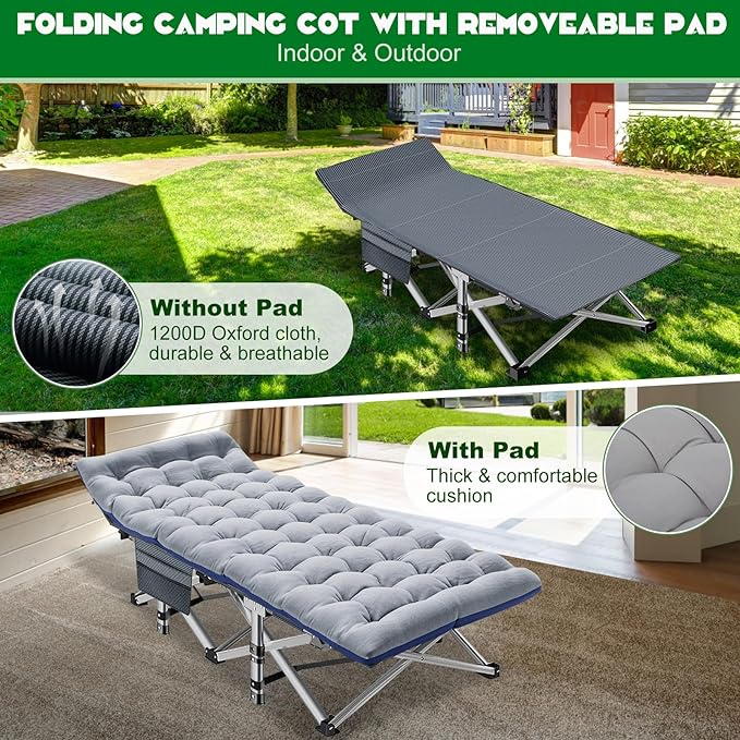 NAIZEA Folding Camping Cots for Adults, Portable Cot with Mattress Heavy Duty Outdoor Bed with Carry Bag 1200d Oxford Cloth Sleeping Cots for Camping Office Nap Home Guest Beach Travel