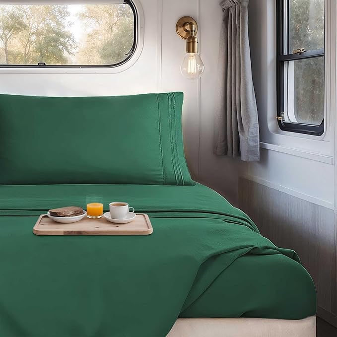 Hearth & Harbor Short Queen Sheets for RV, Dark Green RV Queen Sheets, Silky Soft 1800 Microfiber Bed Sheet for Camper, 4 Piece RV Bedding with Pillowcases