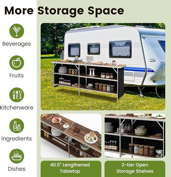 GOFLAME Folding Camping Table, Aluminum Portable Picnic Table w/ 2-Tier Open Shelves & Spacious Tabletop, Carrying Bag Included, Outdoor Large Kitchen Table for Picnic, BBQ, Party, Backyard, Coffee