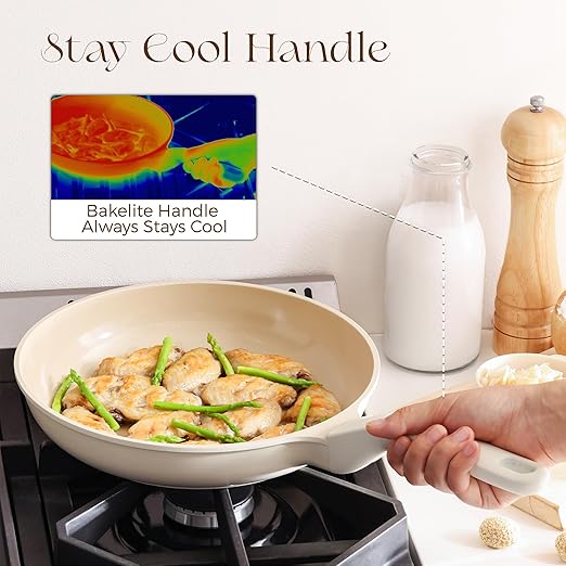 PRICUSIS Nonstick Ceramic Frying Pan, 8/10 Inch Skillet with Stay Cool Handle, Fully Coated, Induction Compatible & Oven Safe, 100% Dishwasher Safe, PTFE PFAS & PFOA Free（10 Inch, Coconut White）