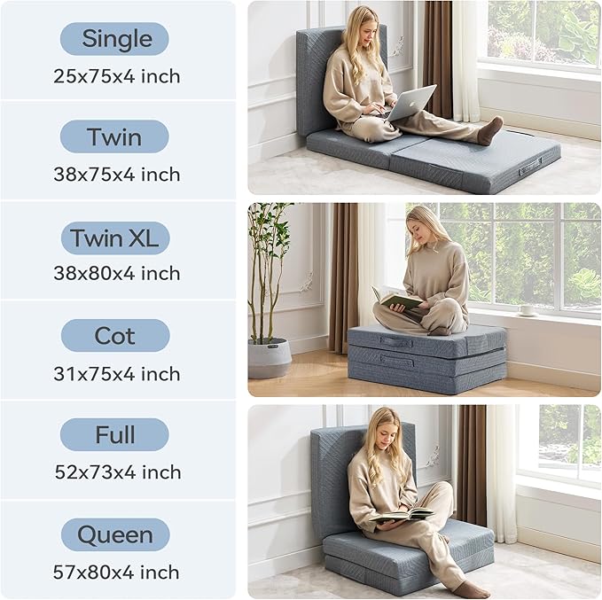 BDEUS Tri-Fold 4" Memory Foam Mattress Twin XL Portable Bed, Foldable Floor Mat for Adults & Kids, Washable CertiPUR-US Certified Cover, Lightweight for Travel/Camping/Yoga