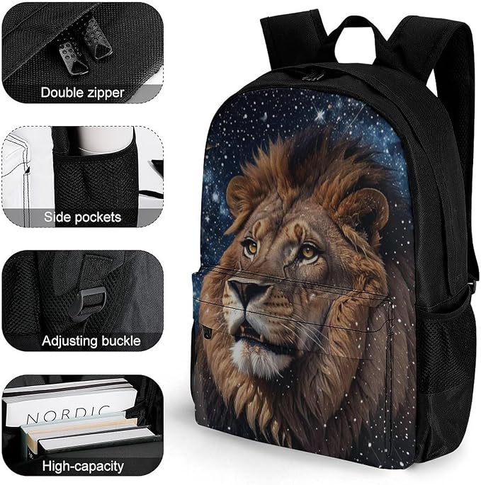 Rucksack Anti-Theft Multipurpose Large Capacity Carry On Bag, Outer Space King Lion Travel Hiking Bag Day Pack With Side Pockets