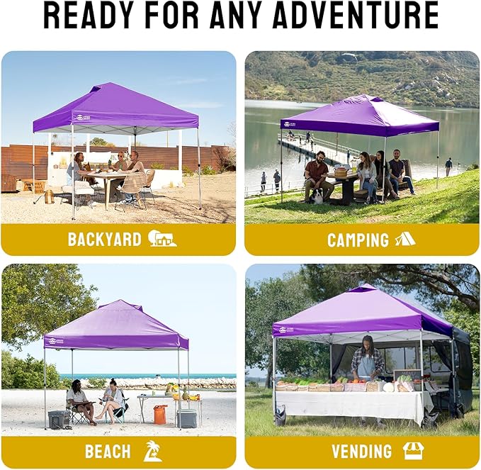 CROWN SHADES 10x10 Pop Up Canopy - Beach Tent with One Push Setup - Easy Outdoor Sun Shade for Events, Parties, Camping - Gazebo with STO-N-Go Cover Bag, Silver Coated Top, Purple