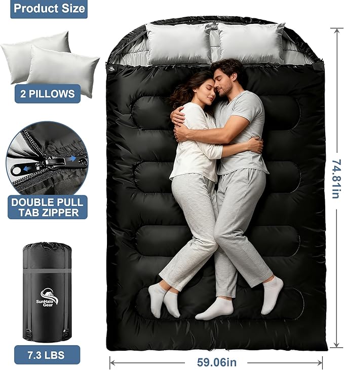 2 Person Sleeping Bag,Double Sleeping Bags for Adults, Large Adult Sleeping Bag with Plush Lining/Backpacking/Extra Large/4 Seasons/Portable/Waterproof/Hiking/Camping/Family Fun Time