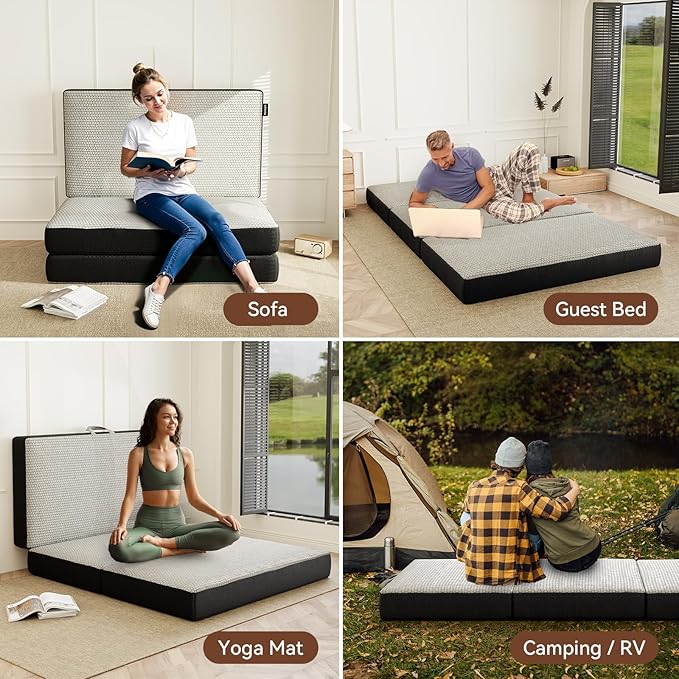 Memory Foam Trifold Mattress, Full Portable Floor Bed 4 Inch, Foldable Mat with Washable Cover, Handle & Non-Slip Bottom, for RV, Travel, Camping, Yoga, 73"x52"x4", Grey