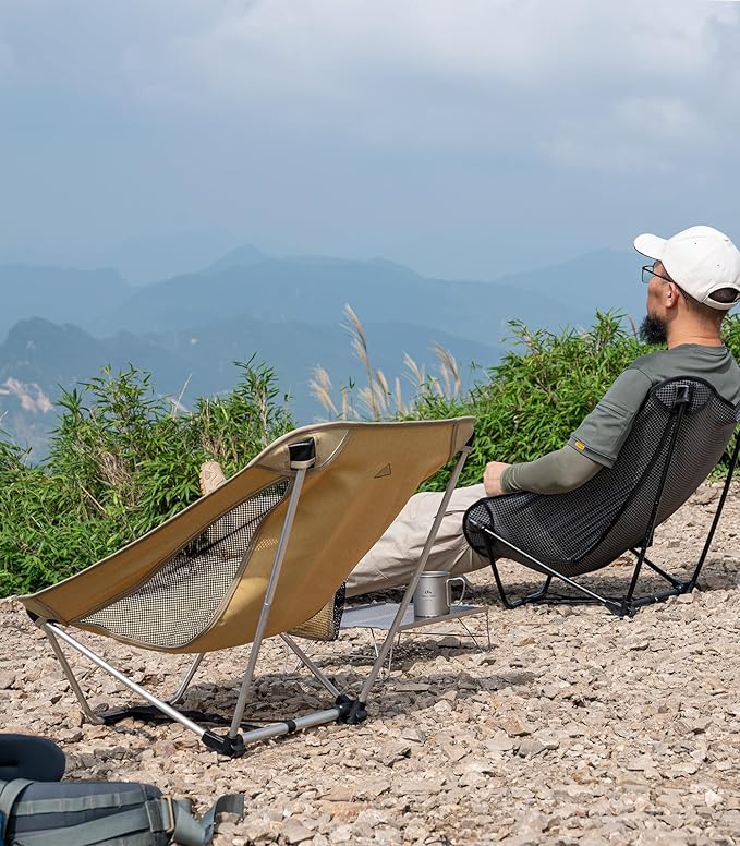 iClimb Low Ultralight Compact Camping Folding Chair with Side Pocket and Carry Bag (Black Grid)