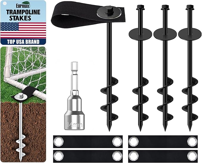 Eurmax USA Ground Anchors Screw in Trampoline Anchors High Wind Tent Stakes Heavy Duty Ground Stakes Trampoline Stakes Anchor Kit Set of 4 Bonus 4 Strong Belt (Black)