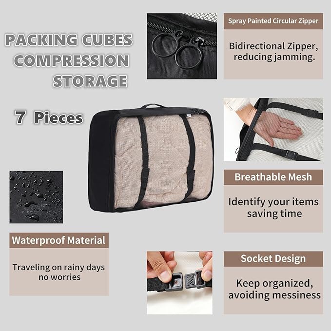 7 Set Packing Cubes for Travel Essentials, Suitcase Organizer Bags for Airplane Road Trip Camp - Black