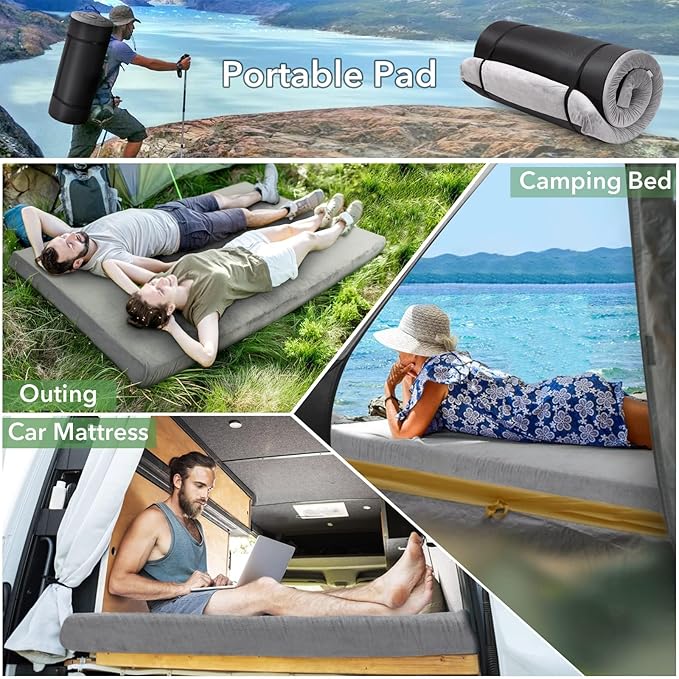 IDEALHOUSE 2024 New 3 Inch Memory Foam Camping Mattress, Portable Waterproof Roll up Sleeping Pad for Adults, with Removable Waterproof Cover and Storage Bag, Grey, For Camping, Car Truck, Tent, Outin