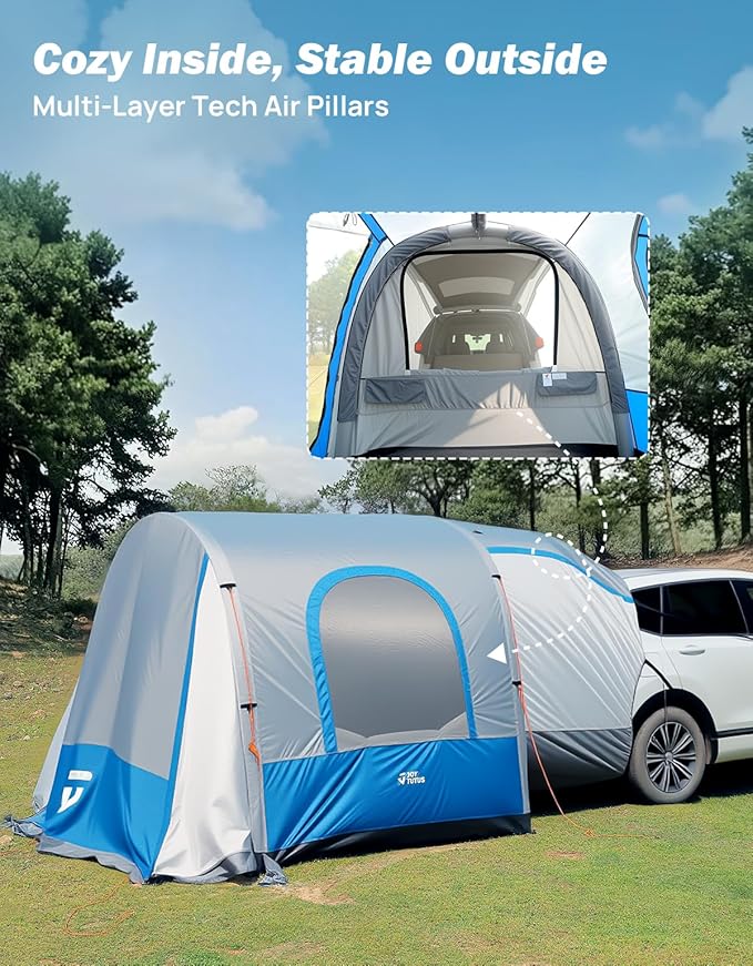 JOYTUTUS SUV Tent with Inflatable Pump, 30% More Space, Easy Set-up Car Tent for 6 Person Family Camping, Dual-Use SUV or Camping with 2 Awnings, Double Door, Fit for SUV Car Van