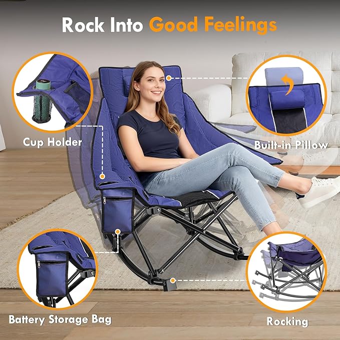 Slendor Heated Rocking Camping Chair with Padded & Pillow, 2000mAh Power Bank, 3 Adjustable Heat Settings, Oversized Camping Chair for Easy Setup and Foldable Storage, Blue