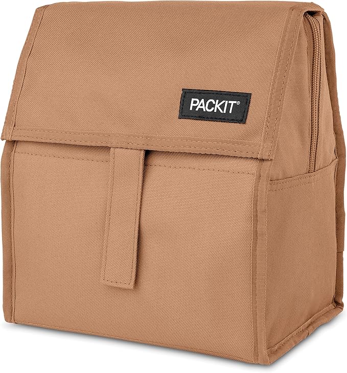 Packit® Freezable Lunch Bag, Almond, Built with ECOFREEZE® Technology, Foldable, Reusable, Zip and Fold Closure with Buckle Handle, Designed for Work Lunches and Fresh Lunch On the Go