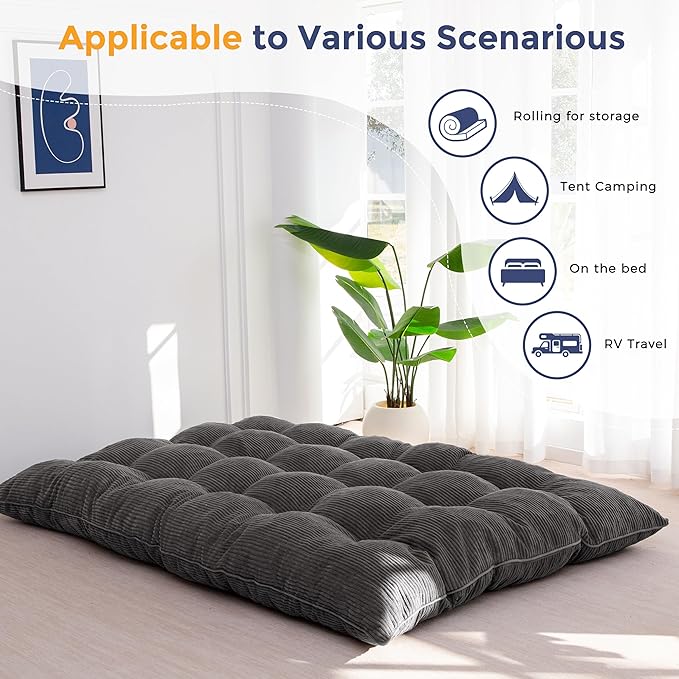MAXYOYO 6" Japanese Floor Mattress, Foldable Futon Mattress Full Size, Tufted Roll Up Floor Bed, Thick Tatami Mat Sleeping Pad Portable Lounger for Camping Guest Room Dormitory Bedroom RV, Dark Grey
