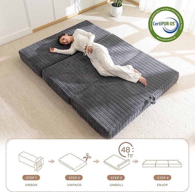 BYBYME Memory Foam Tri-Folding Mattress, 6 Inch Gel Folding Mattress Topper, Foldable Soft Guest Bed Camping Pad, with Washable Cover