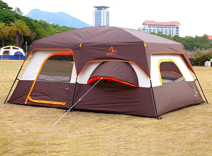 KTT Extra Large Tent 6-10-12-14 Person(Style-B),Family Cabin Tents,2 Rooms,3 Doors and 3 Windows with Mesh,Straight Wall,Waterproof,Double Layer,Big Tent for Outdoor,Picnic,Camping,Family Gathering