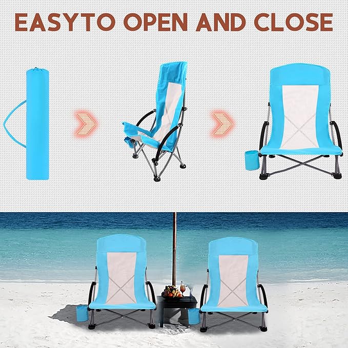 Beach Chairs Beach Chairs for Adults Folding Camping Chair with High Mesh Back w/Carry Bag and Cup Holder, Portable Lightweight for Outdoor, Beach, Camping, Picnic (2-Pack Blue)