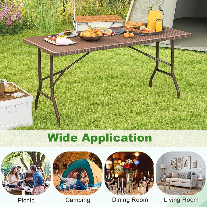 Tangkula 5FT Folding Table, Indoor Outdoor Foldable Plastic Table with Rattan Textured HDPE Tabletop, Sturdy Metal Fame, Carrying Handle, 4-6 Person Picnic Table for Camping BBQ Party