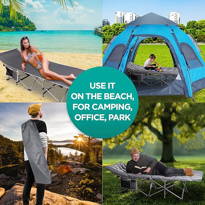 ZONETECH Folding Outdoor Camping Travel Cot and Pad - Premium Quality Lightweight Portable Heavy Duty Adult & Kids w/Large Pocket and Cushion (Gray 2-Pack)