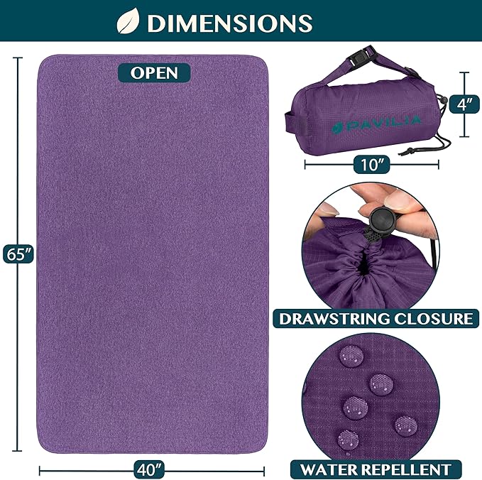 PAVILIA Travel Blanket Airplane Compact with Bag, Soft Packable Plane Blanket Kids Adults, Portable Camping Flight Essentials, Travelers Gifts Accessories, Luggage Backpack Strap, 65x40 Purple