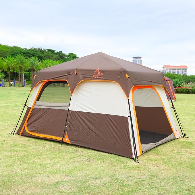 KTT Extra Large Tent 6-10-12-14 Person(B),Family Cabin Tents,2 Rooms,3 Doors and 3 Windows with Mesh,Straight Wall,Waterproof,Double Layer,Big Tent for Outdoor,Picnic,Camping,Family Gathering