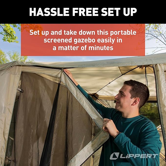 Lippert Picnic Popup Double Gazebo Tent for Camping, Patios and Easy Outdoor Shelter, 16' x 8' Breathable Mesh Screen Walls, 8-12 People, 128 Sq. Ft. Integrated Lantern Holders - 2022114836