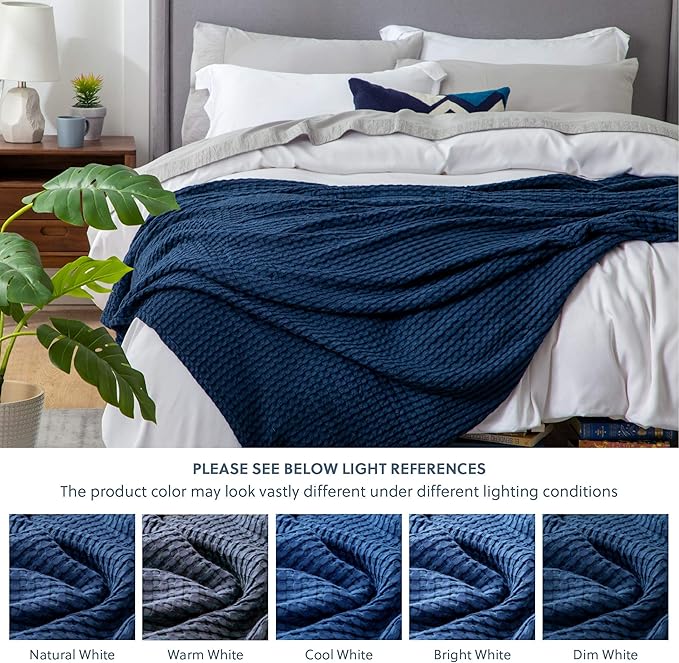 Bedsure Cooling Cotton Waffle Queen Size Blanket - Lightweight Breathable Summer Blanket of Rayon Derived from Bamboo for Hot Sleepers, Luxury Throws for Bed, Couch and Sofa, Navy, 90x90 Inches
