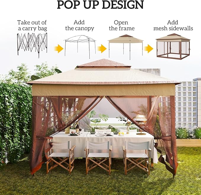 Outsunny 11' x 11' Pop Up Canopy, Outdoor Patio Gazebo Shelter with Removable Zipper Netting, Instant Event Tent w/ 114 Square Feet of Shade and Carry Bag for Backyard, Garden, Khaki