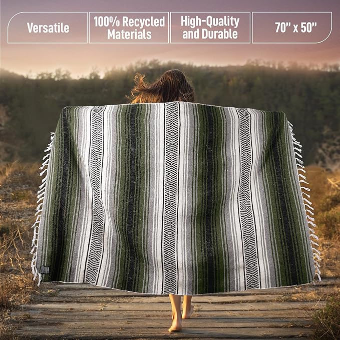 Hydration Nation Authentic Extra Large Mexican Blanket - 70"x50" Handwoven Yoga, Serape, Artisanal Falsa - Camping, Picnic, Outdoor (Military Green)
