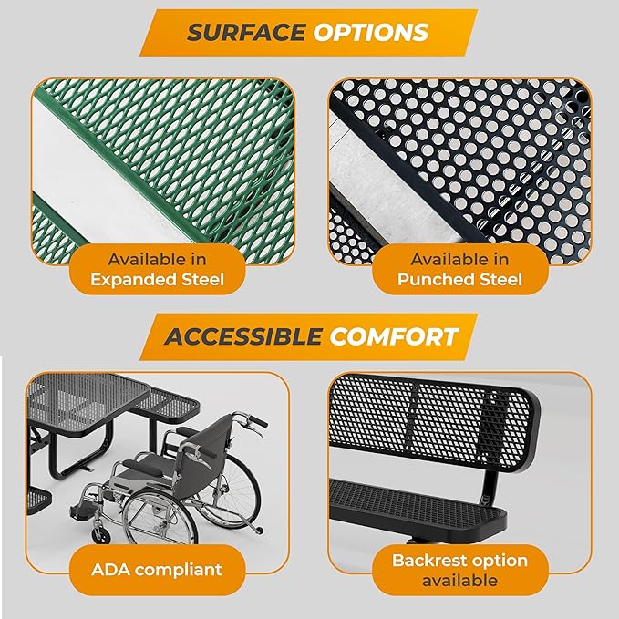 Metal Picnic Furniture for Outdoors with Umbrella Hole - Coated Steel Heavy Duty Commercial Grade Table with Adjustable Seats, Patio Set for a Lifetime (Green, 8' Rectangular, Punched Steel)