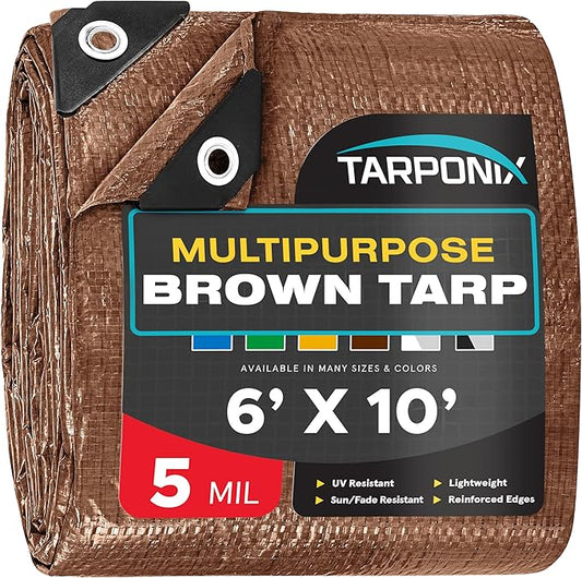 Brown Poly Tarp 6’ x 10’ – Lightweight 5 Mil Waterproof Cover – Durable, Weatherproof, Multipurpose Protection for Camping, Roofing, Construction