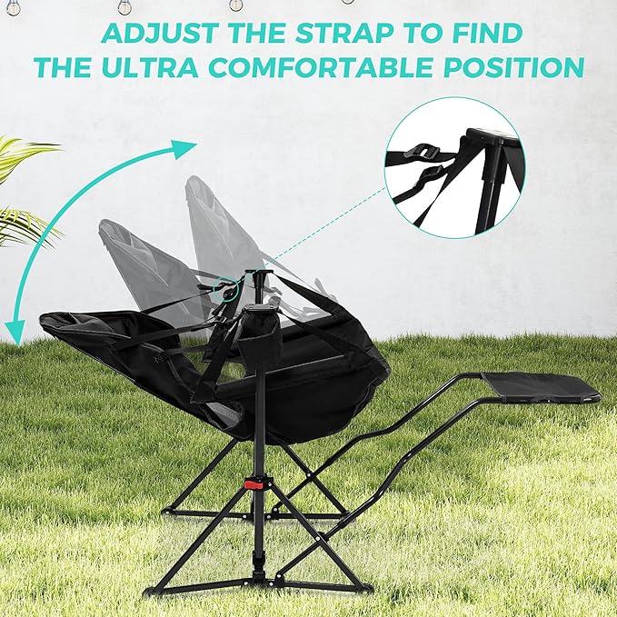 Ainfox Hammock Camping Chair with Footrest, Heavy Duty Foldable Portable Rocking Hammock Chairs Outside Swinging Camp with Cup Holder Pillow for Outdoor Patio Poolside Black Dark Blue
