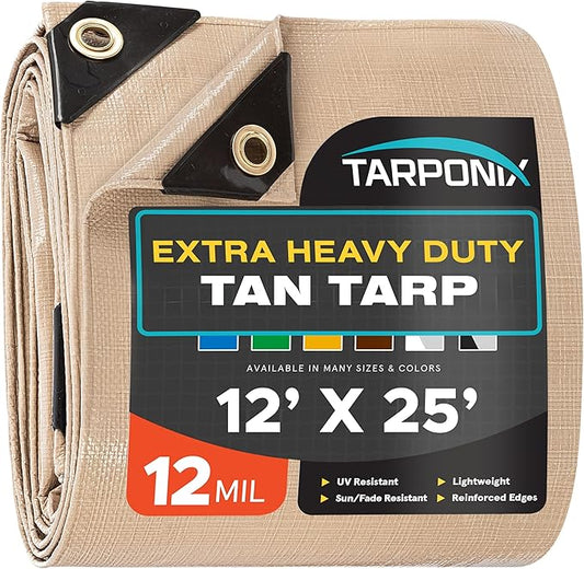 12' x 25' Extra Heavy-Duty Tan Poly Tarp – 12 Mil Thick, Waterproof, UV-Resistant Polyethylene with Reinforced Edges, Double-Stitched Hems, and Rustproof Grommets