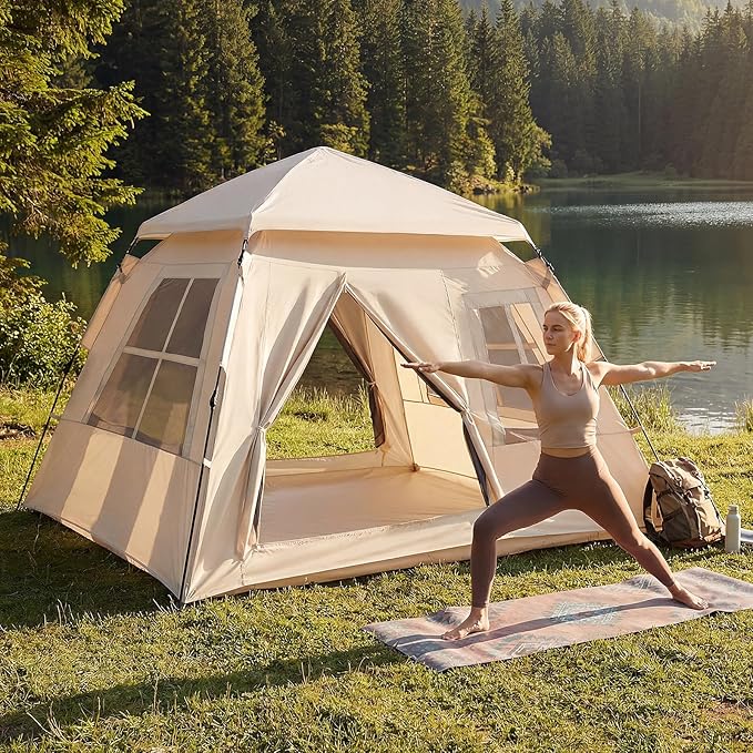 Tangkula 4 Person Camping Tent, Instant Pop-Up Cabin Tent with Removable Rainfly, Mesh Windows & Dual Doors, Carrying Bag, Portable Outdoor Family Shelter for Picnic, Backpacking, Traveling