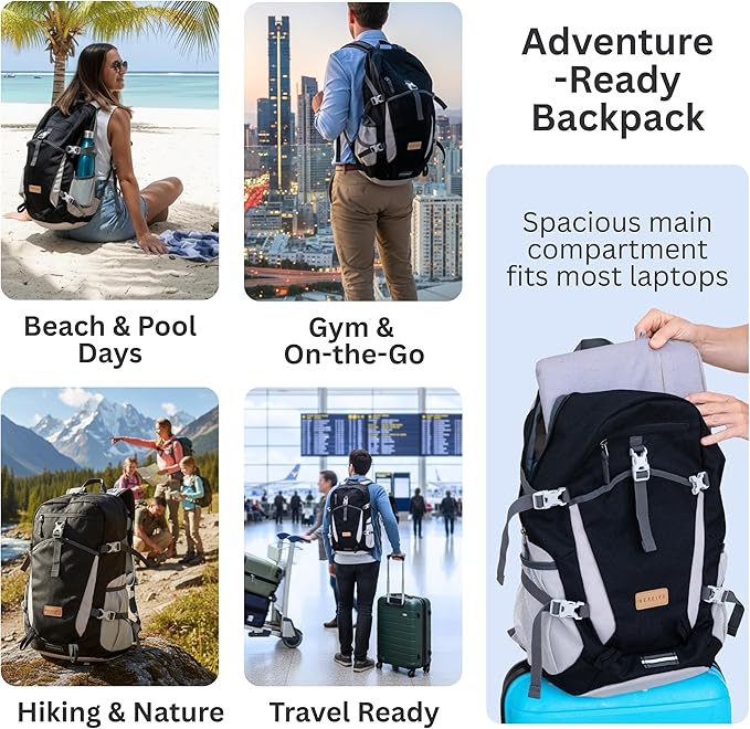 Foldable Backpack with Rain Cover - Multiple Pockets - Waterproof Lightweight Packable Backpack for Travel Camping, 35L Hiking Foldable Daypack for Men Women Black