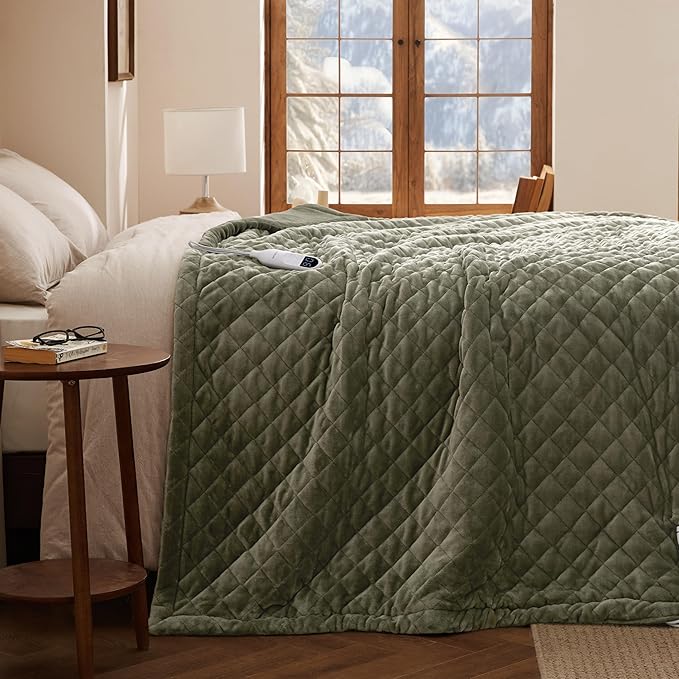 Bedsure Electric Blanket Twin - Quilted Heated Blanket Twin Size, Soft Flannel Thick Heating Blanket with 10 Time Settings & 6 Heat Settings, Warm Gifts for Women Men (62x84 inches, Olive Green)