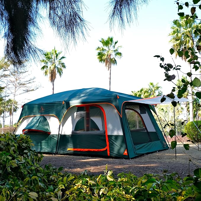 KTT Extra Large Tent 12 Person,Family Cabin Tents,Full Rainfly,2 Bay-Windows,2 Rooms and 3 Doors 3 Windows with Mesh,Waterproof,Straight Wall,Double Layer,Big Tent for Outdoor,Picnic,Camping