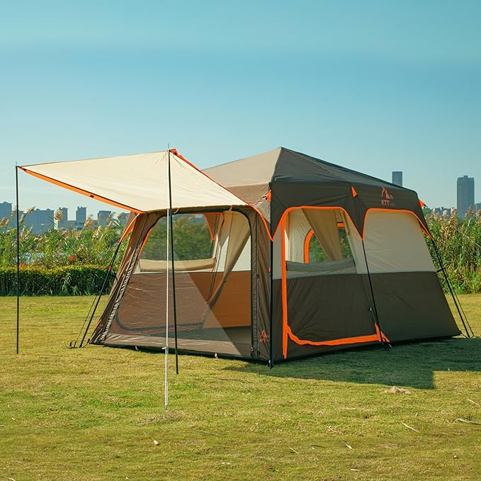 KTT Extra Large Tent 6-10-12-14 Person(B),Family Cabin Tents,2 Rooms,3 Doors and 3 Windows with Mesh,Straight Wall,Waterproof,Double Layer,Big Tent for Outdoor,Picnic,Camping,Family Gathering