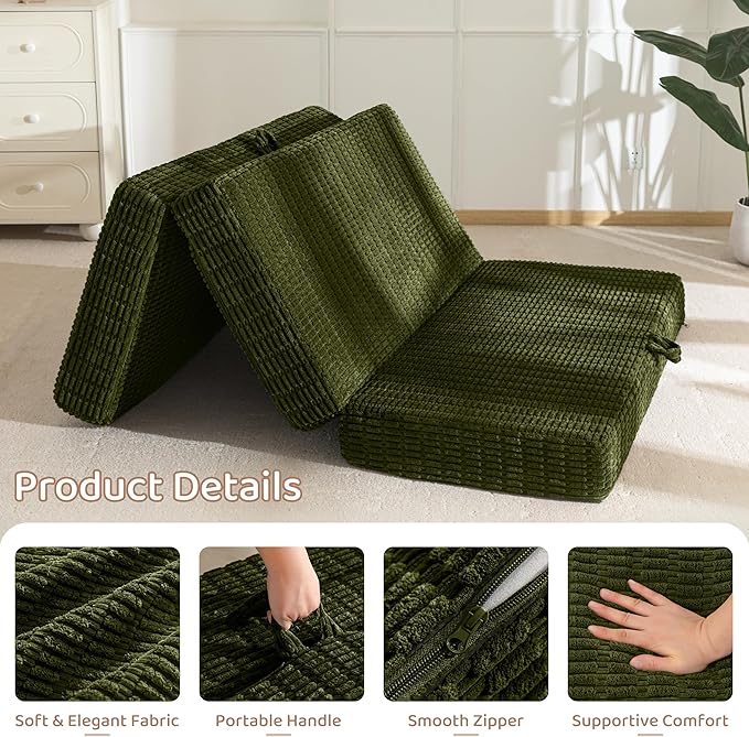 BYBYME Memory Foam Tri-Folding Mattress, 6 Inch Gel Folding Mattress Topper, Foldable Soft Guest Bed Camping Pad, with Washable Cover