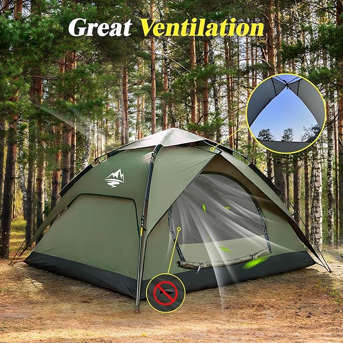 Camping Tent 2/3/4 Person Instant Pop Up Tents for Camping - 40s Automatic Easy Setup Tent with Rainfly, Double-Layer Waterproof & Windproof Instant Tents with Welcome Mat for Camping & Hiking