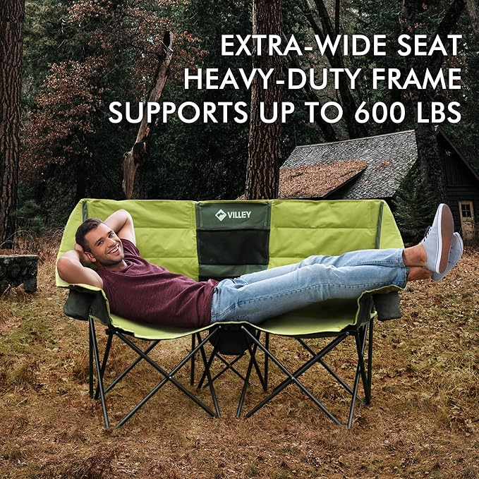 VILLEY Double Camping Chair w/Cooler Bag, Extra Wide Loveseat, Heavy Duty Padded Camping Couch, Portable Folding Chair w/Carry Bag Steel Frame Cup Holders for Camp Lawn Picnic Sports, Support 600LBS