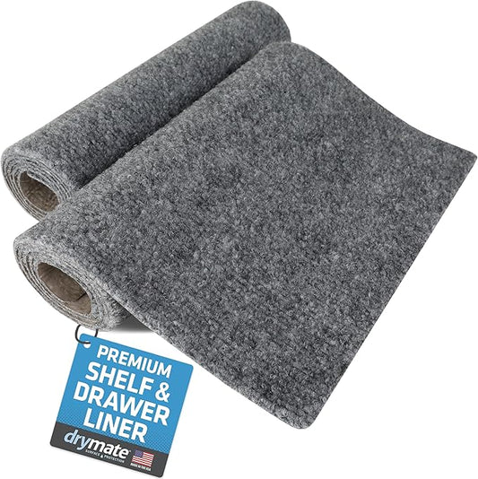 Drymate Premium Luxury Shelf & Drawer Liner, Thick Cushioned Fabric, Non-Adhesive, Absorbent, Waterproof, Slip-Resistant, Liners for Kitchen Cabinets (USA Made)(11”x36”)(2-Pack)(Light Grey Ridged)