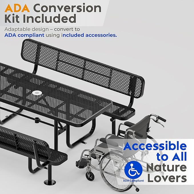 Metal Picnic Furniture for Outdoors with Umbrella Hole - Coated Steel Heavy Duty Commercial Grade Table with Adjustable Seats, Patio Set for a Lifetime (Black, 6' Rectangular with Back)