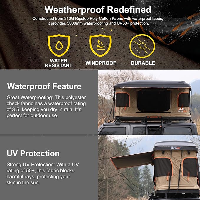 Naturnest Hard Shell Single Roof Tent, 2 Door ABS Roof Tent with 3-Color LED Lights and Built-in USB Plug for Vans, Jeeps, SUVs and Trucks