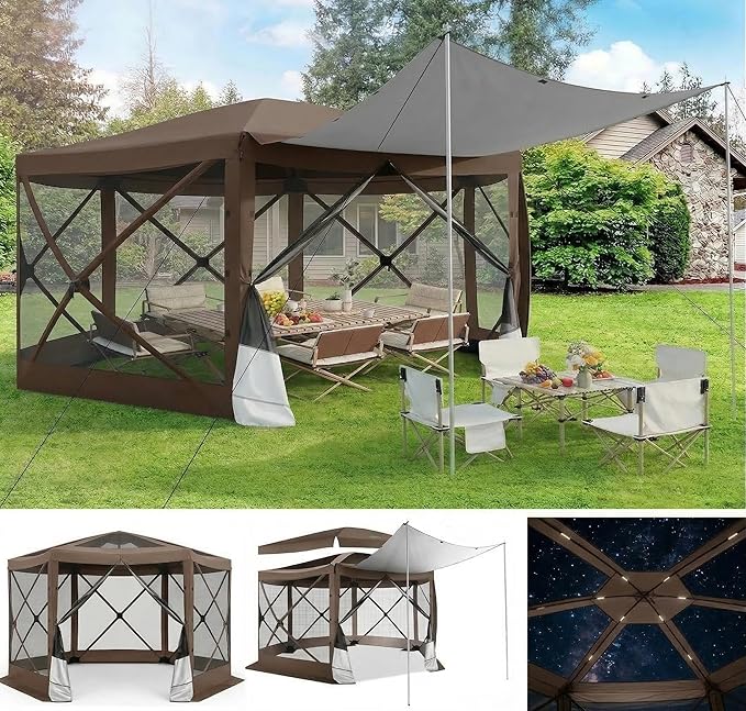 COBIZI Pop Up Gazebo Screen Tent Screen House for Camping, 12x12 Screen Room with Mosquito Netting, Hub Tent Instant Screened Canopy with Carrying Bag and Ground Stakes, Brown
