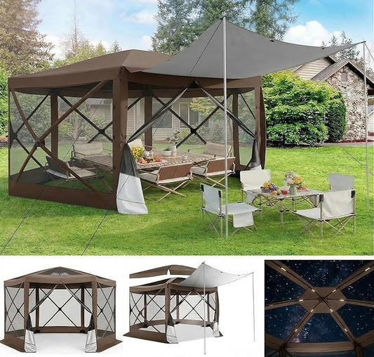 COBIZI Pop Up Gazebo Screen Tent Screen House for Camping, 12x12 Screen Room with Mosquito Netting, Hub Tent Instant Screened Canopy with Carrying Bag and Ground Stakes, Brown