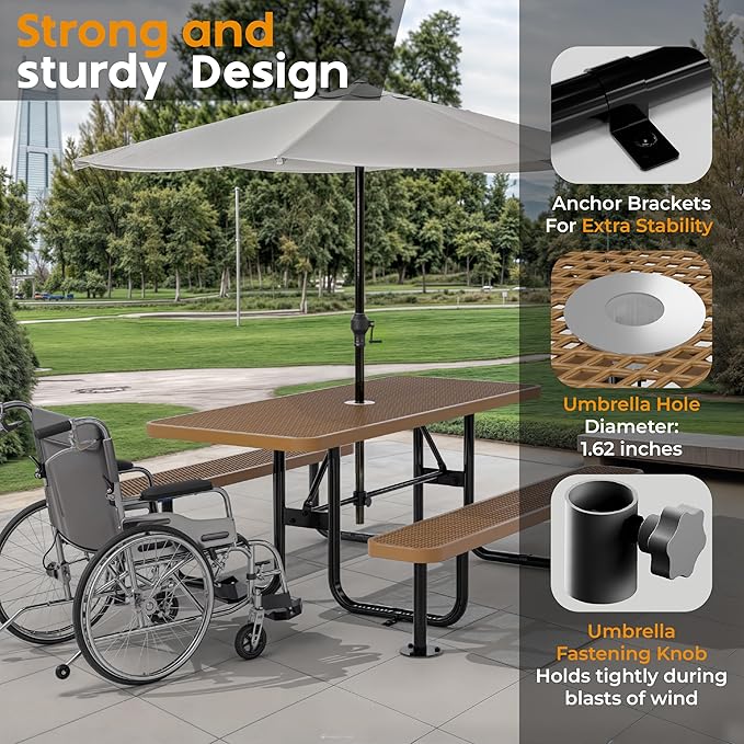 Metal Picnic Furniture for Outdoors with Umbrella Hole - Coated Steel Heavy Duty Commercial Grade Table with Adjustable Seats, Patio Set for a Lifetime (Brown, 6' Rectangular)